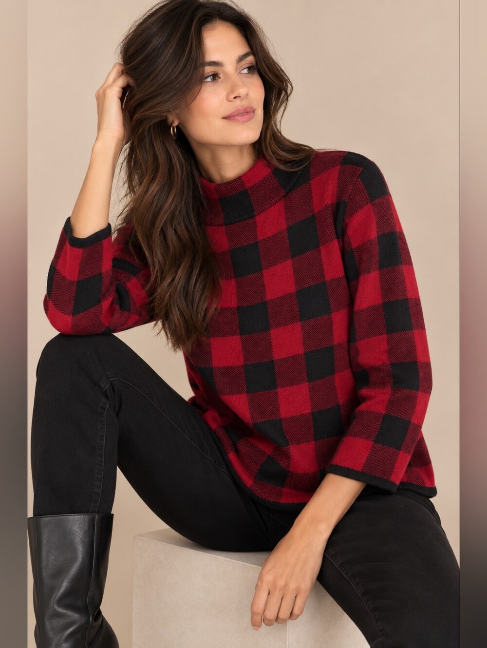 ANNE KLEIN Women New Sweater SMALL Black Titian Red Plaid Mock Neck 11251968-3RF